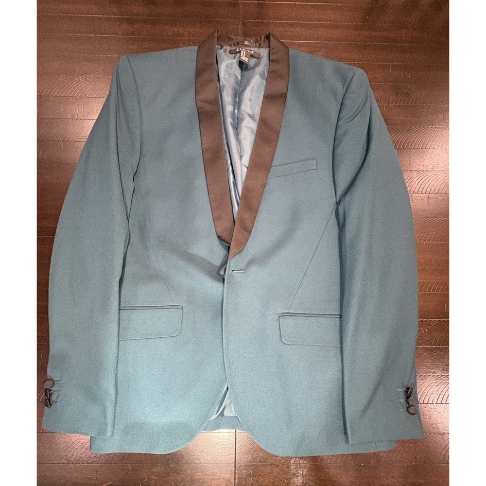 21 Men Forever 21 Teal Satin Tuxedo Blazer Jacket Shawl Lapel Slim Fit Medium